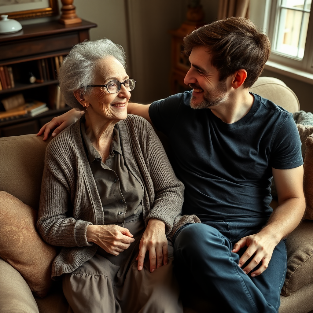 In a scene viewed from an angle and slightly above: In an old-fashioned English living room, a very frail, small and thin, very old and elderly English lady with a kind smile, short, thinning white curly hair, wrinkled face, neck and skin, wearing thin framed glasses, an old cardigan, blouse and long skirt is sitting on a sofa with an English man about 40 years old, grey stubble on his chin, brown hair, sitting close next to her on the same sofa, wearing a black T-shirt and dark blue jeans. The man and woman are smiling at each other. The woman is looking at the man's eyes and smiling. The man is looking at the woman's eyes and smiling.