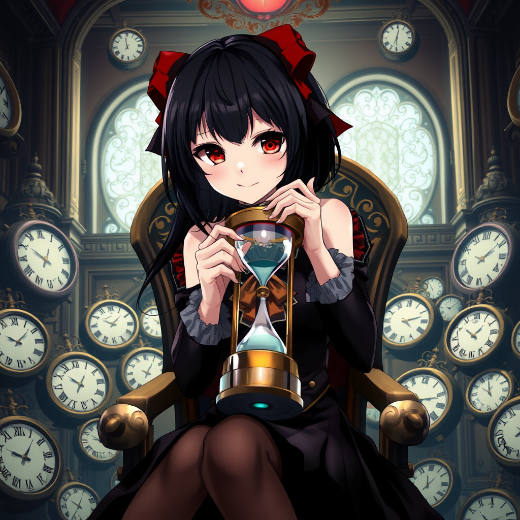 An anime girl with black hair and red eyes is carrying an hourglass. She has a smile like a villain and pale skin like a vampire. The girl is sitting on a chair in a noble mansion. Inside the room, there are many other clocks surrounding her.