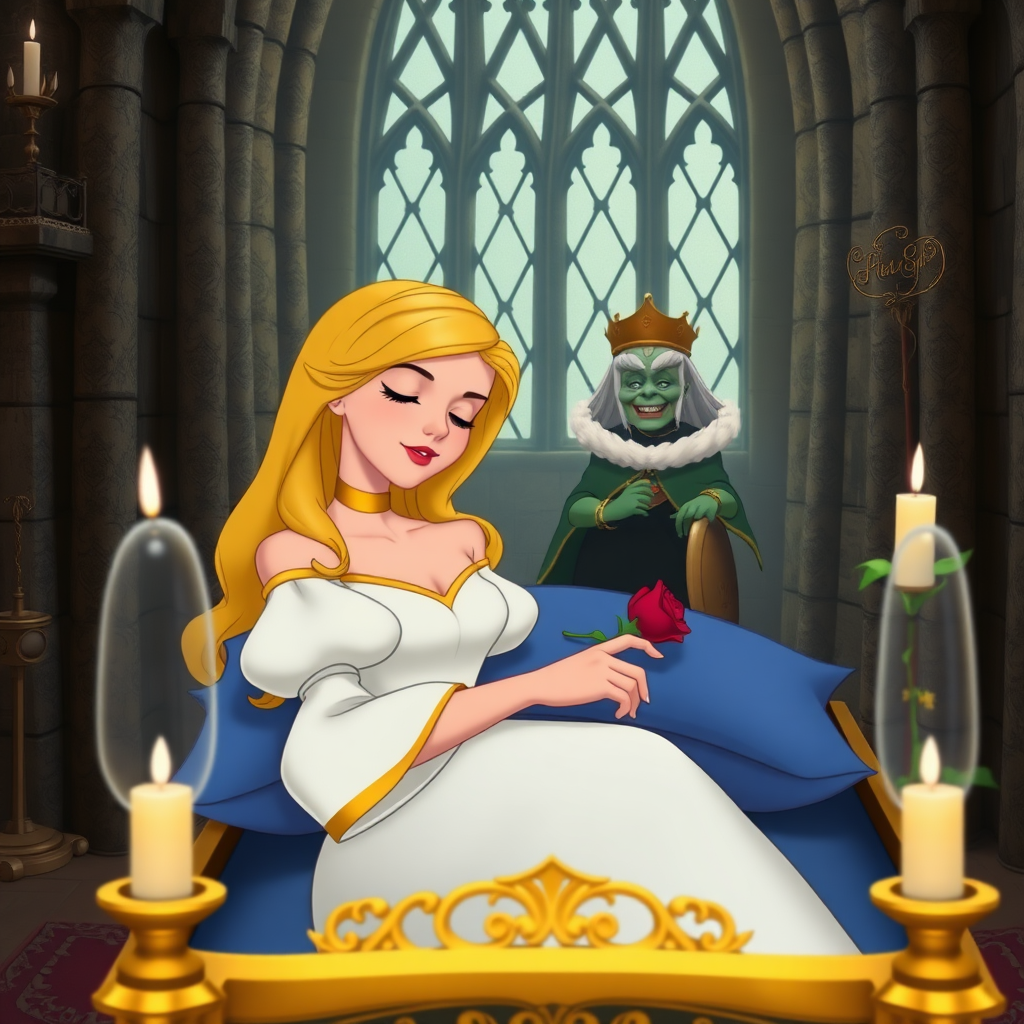 Disney film still funeral scene of a 19 year old thin, sweet youthful alluring princess with long yellow blonde hair with waves and bangs, rose blush highlighting contour with a hint of red, deep red lipstick, hooded eyes with long eyelashes. Wearing a gold choker, a white off shoulder dress puff sleeves with a gold neckline shaped into a u shape. In a gothic castle tower, sleeps on a glass encased golden funeral bier with a blue medieval bed eyes closed holding a rose, with her head resting on a double pillow, with candles and flowers on each post, in the centre of the room as a staff wielding green 38 year old queen wearing a black off shoulder enters the room.