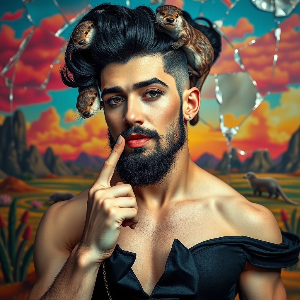 The background is a broken glass with red, blue, yellow, and white. A 4K hyper-realistic photograph in the style of retrofuturism, blending surrealism with kitsch. The subject is a man with an extravagant, curly black haircut, styled in a flamboyant bun, paired with a sexy, masculine look. He sports a neatly groomed, three-day beard — short, evenly distributed, with a light shadow effect across the chin, jawline, and cheeks. His makeup is dramatic, like a drag queen, adding to the boldness of his appearance. He has a muscular, athletic build. A pin-up man in a seductive pose, he wears an extravagant Dior dress. His expression is playful and provocative, with a finger delicately posed on his mouth, adding a touch of mystery. The background is a surreal landscape with vibrant colors and kitsch elements that contrast with his figure. Otters are playing on his head.