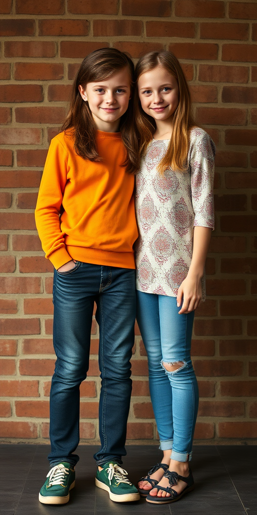 A realistic photo of a 14yo teen boy and girl. British. Long legs. Full length view.