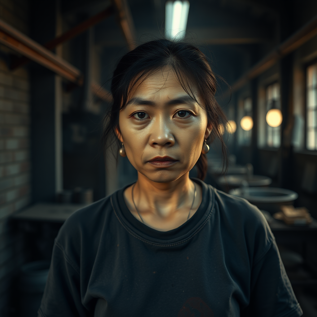 A very sad and hungry young Chinese woman with a very old T-shirt in a very dark, old, and mysterious factory.