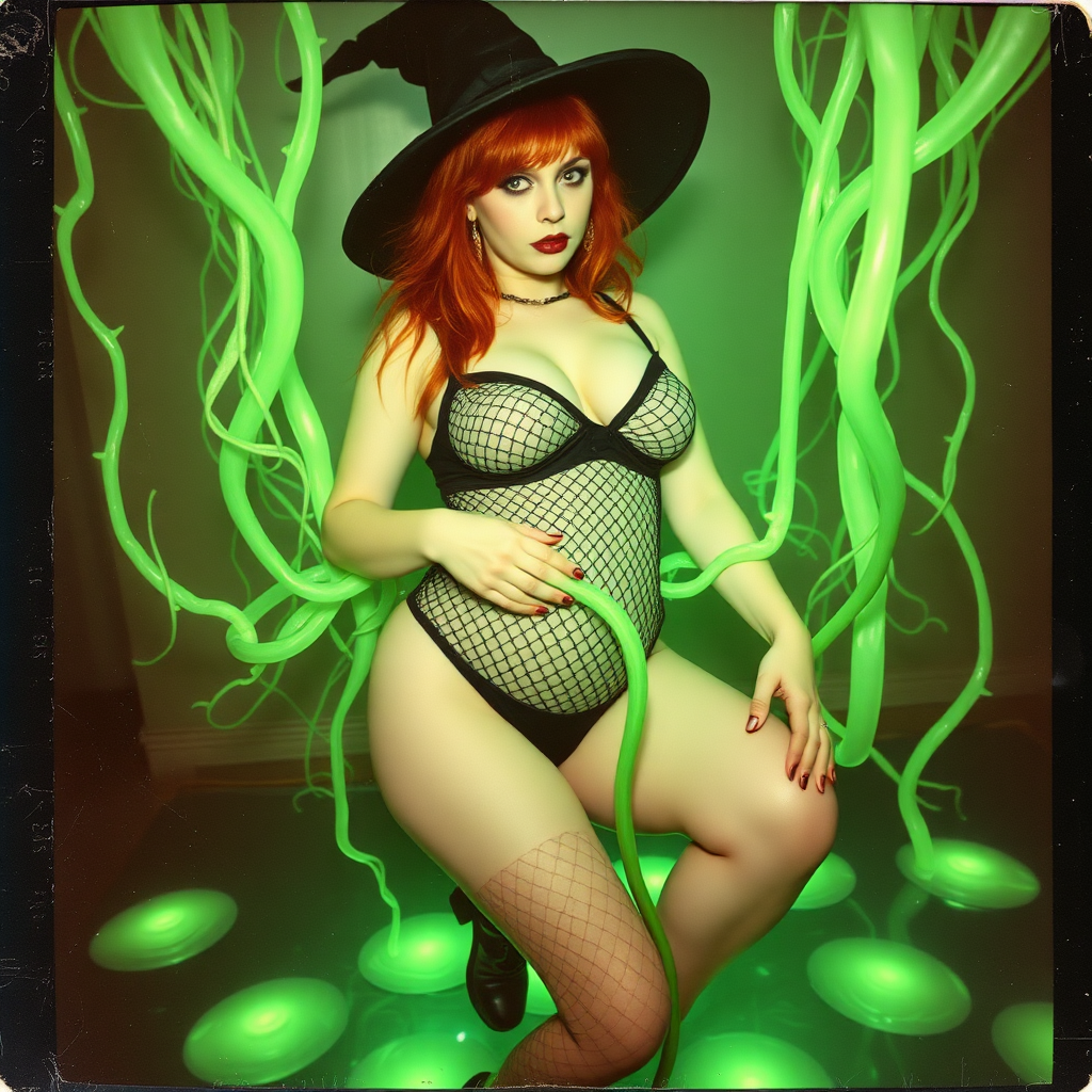 An old polaroid photo with heavy dark color tint to the photograph and visible light leaks. The photo depicts a sexy alt goth girl with pale skin and red hair. She has a plump booty. She has large breasts with ample cleavage and is wearing a black fishnet bodysuit. She is wearing a witch hat. She is surrounded by glowing translucent green vines coming out of magic bright glowing pools of water on the floor, wrapped around her arms and legs. She is straddling a green vine between her legs. The image looks hazy and grungy.