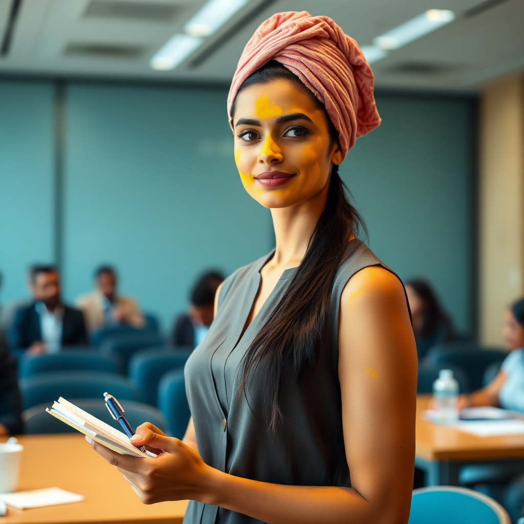 slim, 30 year old, modern indian office secretary, towel head, turmeric paste on her face. she is standing in a conference room full of people and taking notes.