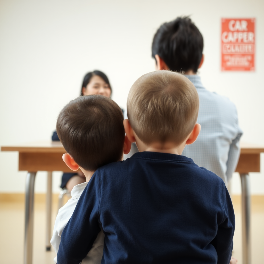 An amateur photograph, taken from behind a child. The child is sitting down in front of a table. Behind the table, a female counsellor is sitting. The counsellor is East Asian. They are close to each other.