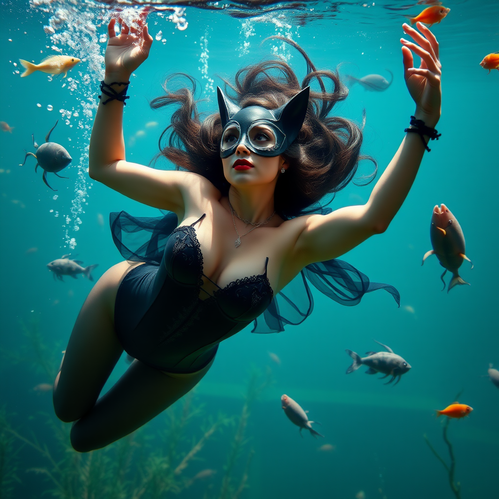 Catwoman as a burlesque dancer she's floating underwater surrounded by sea creatures and plant life. Her graceful arms float above her head. In the photographic style of Richard Fegley on DSLR