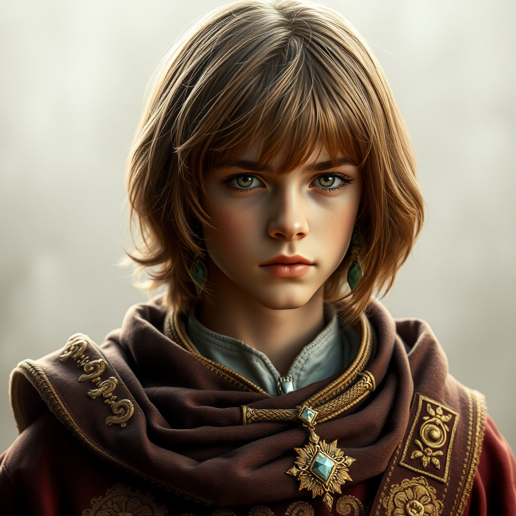 16yo teen boy prince, long bob cut, embroidered with gold and diamonds medieval cloths. photorealistic, ultra high resolution, 16K,