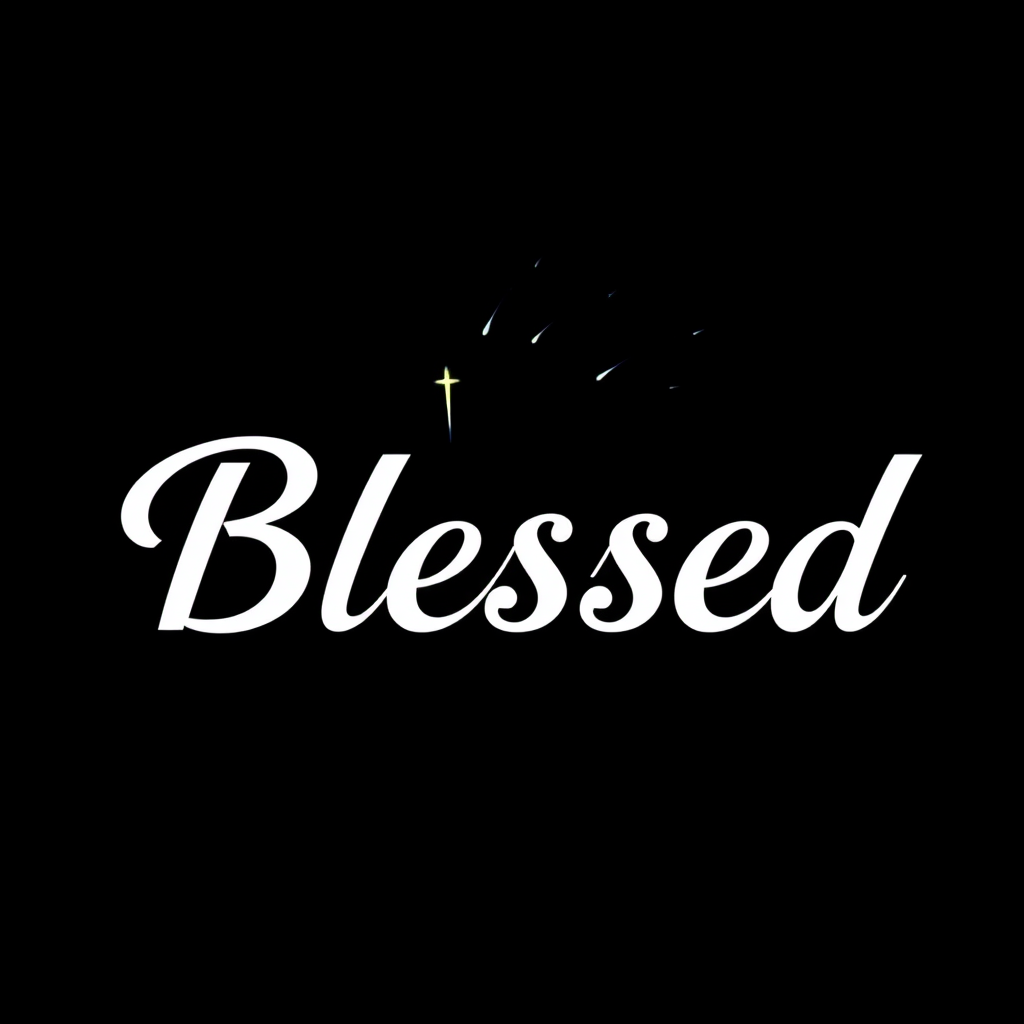 "Blessed" with a sharp fort on a black background and with font.