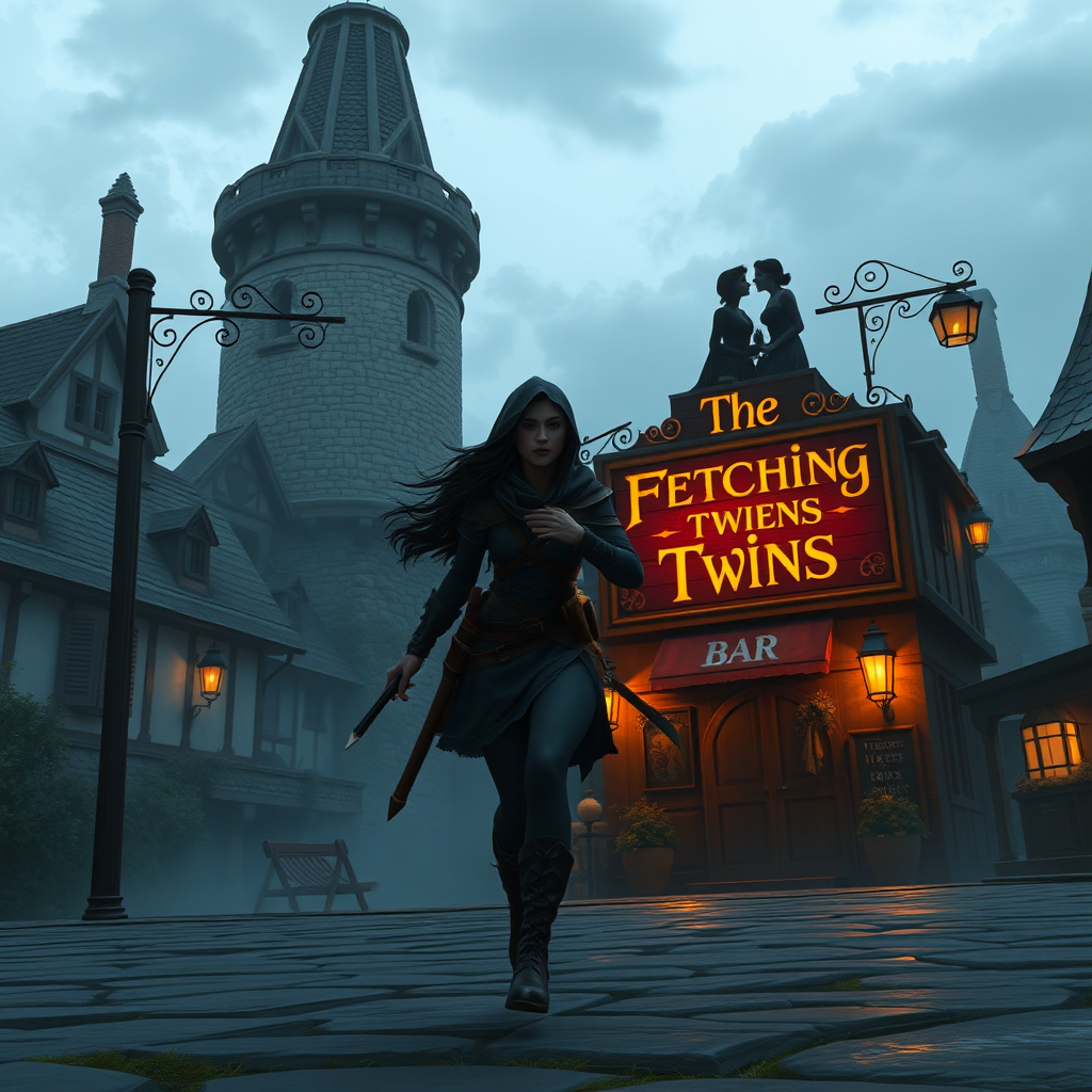 A wide distance shot of a female thief in a fantasy town. Mage tower in the background. She is fleeing from someone. Bar called "The Fetching Twins" sign (consisting of a silhouette of two women leaning together for a kiss).