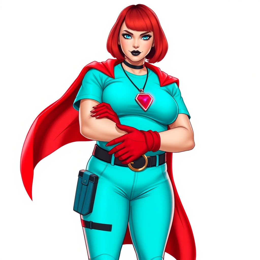 A 26-year-old, full-figured, magical girl vigilante detective becomes the heavily pampered mystical ally of her cyberpunk vigilante older brother figure. She has a bright red bob cut, black lipstick, and piercing bright blue eyes. She has a new non-athletic build, now highlighted by a prominent, round, gargantuan midsection (fully focused on her gargantuan belly), which shows the aftermath of her new pampered lifestyle. Despite her pampered physique, she shows full confidence. She wears a magical girl detective costume consisting of a gargantuan, magical, tight-fitting, maximum turquoise t-shirt (accentuating and emphasizing her gargantuan belly), maximum turquoise biker pants, complemented by a glowing neon red cape, a mystical ruby amulet (which is the source of her mystical powers), and magical red gloves glowing neon red. Her magical girl detective costume covers all her skin and emphasizes her full-figured physique (especially her gargantuan belly). Her stance is firm and resolute, arms crossed, exuding a no-nonsense attitude. Her costume reflects the influence of DC New 52 Prime Earth’s Phantom Lady, Jennifer Knight, while her pose embodies the moral ambiguity and determination reminiscent of DC’s Pax Americana’s The Question. She is on a solid white background. She is drawn as if she was in a retro 2D cyberpunk fighting game. She is clearly non-athletic, with a focus on her full-figured physique (especially her gargantuan belly). Make sure that her costume covers all of her bare skin (especially her gargantuan belly).