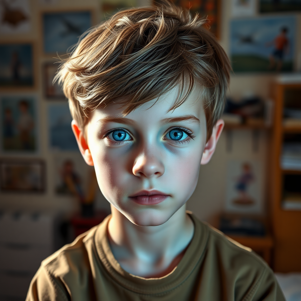 photorealistic, ultra high resolution, 16K, A 12 year old boy. He has blue eyes, brown short hair and he has a concentrated look. He has drawing in his room. He has pictures on his wall.