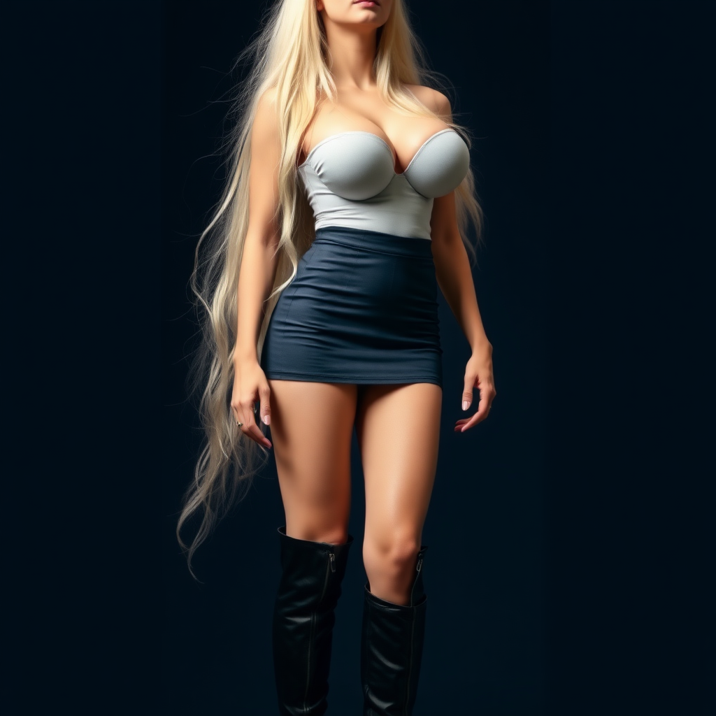 abnormally tall blonde woman with long hair, very long legs, extremely high thigh high boots and mini skirt. Extremely slender body. Very huge breast.