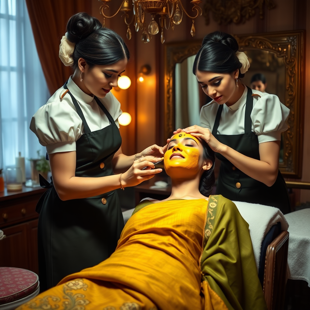 female french maids working in beauty parlour, giving turmeric facial to wealthy indian wife