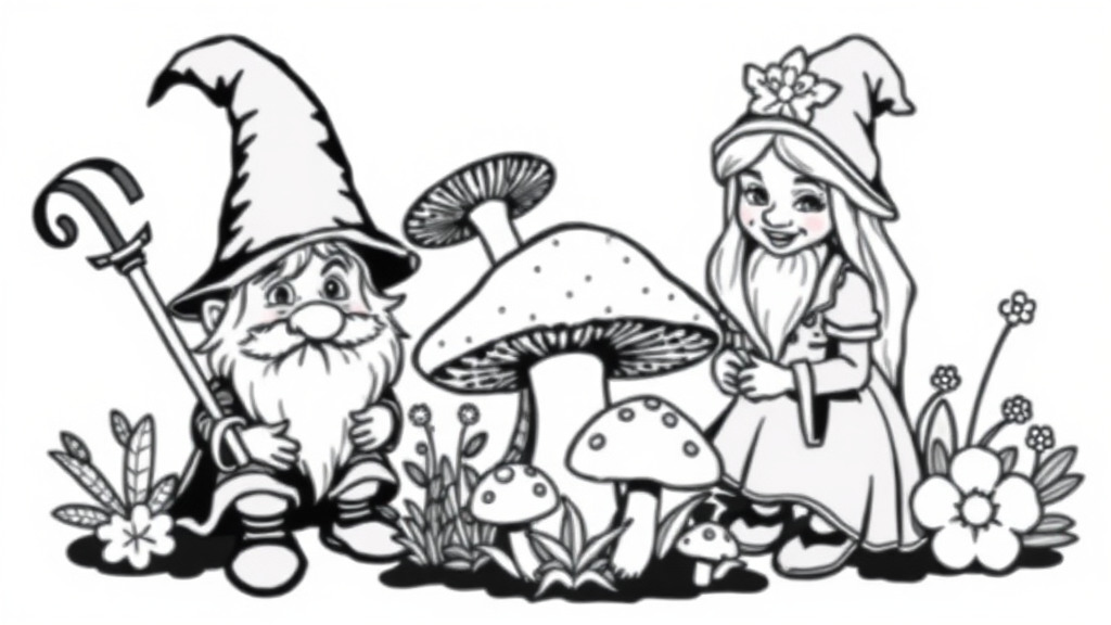 2 happy fantasy Gnomes tending a mushroom garden. wizard and a nurse. Black and White - no gradients or greys. Vector style, isolated on white