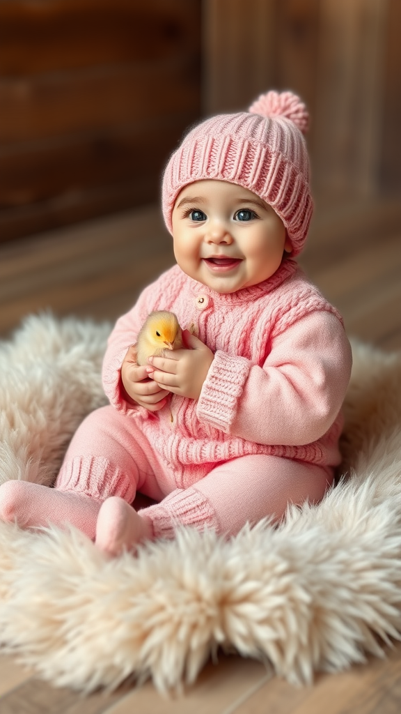 A cozy scene featuring a cute baby sitting on a soft, fluffy fur rug. The baby is dressed in a matching knitted sweater, pants, and hat, all in warm, pink color. The baby is smiling and holding a small chick. The background has a wooden, rustic feel, with soft, natural lighting creating a warm, inviting atmosphere. The overall vibe is peaceful, charming, and heartwarming, with the focus on the baby’s adorable expression and the gentle interaction with the bunny.