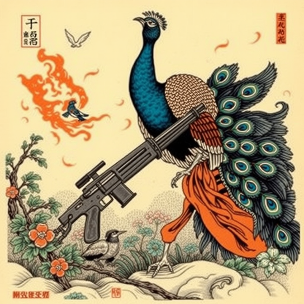 A peacock fighting nazis, Chinese woodcut