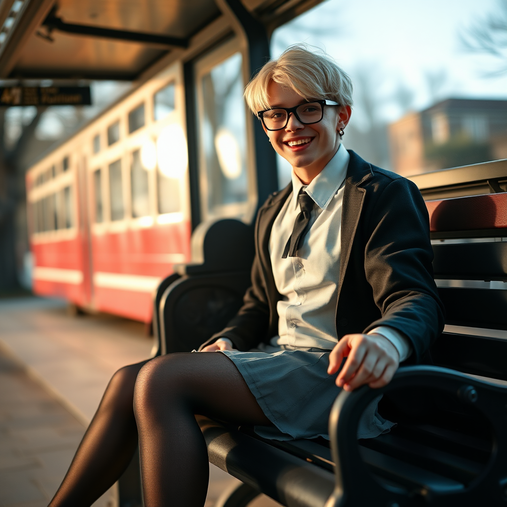 photorealistic, ultra high resolution, 16K, surreal fantasy, soft studio lighting, a pretty 18 year old goth male, slim male physique, short blonde hair, black glasses, goth makeup, earrings, shiny black pantyhose, UK girls-school uniform, Mary-Jane shoes, sitting on his boyfriend's lap on a bench waiting for the school bus, in daylight, excited smile, facing the camera.