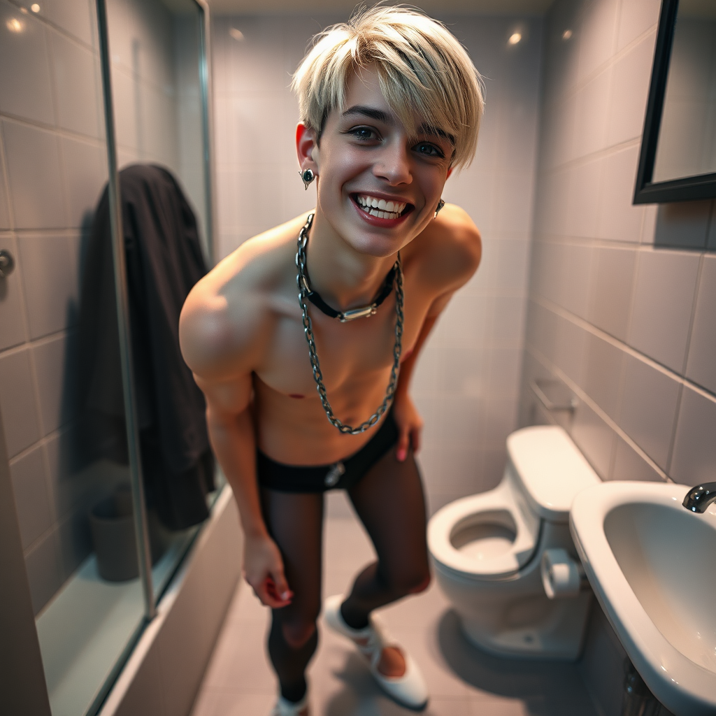 photorealistic, ultra high resolution, 16K, surreal fantasy, studio lighting, a pretty 16 year old goth boy, slim male physique, short blonde hair, goth makeup, earrings, spikey chain and leash, pantyhose, white ballet shoes, in the bathroom, excited smile, facing the camera, drooling from his mouth.