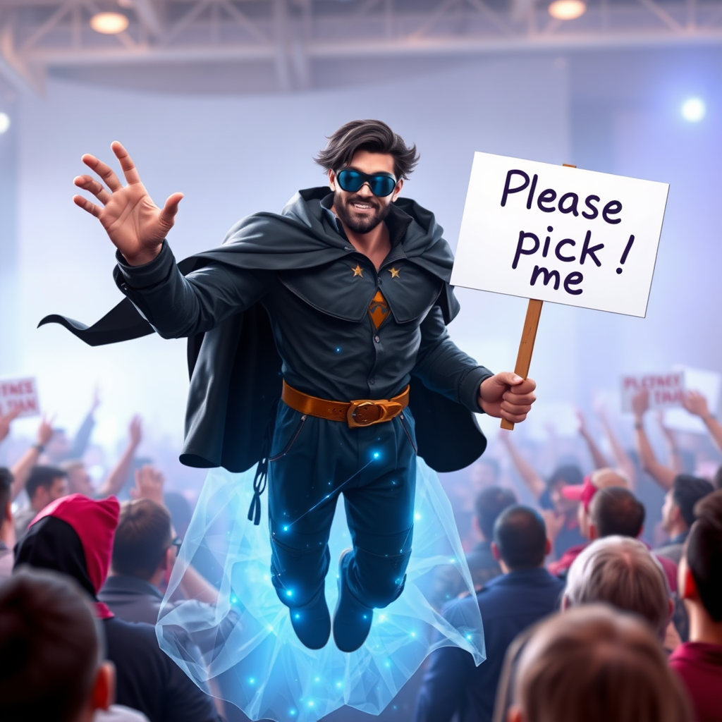 An ethereal mystic superhero eagerly jumps out of a crowd raising and waving his hand. His other hand holds a sign that reads "Please pick me!"