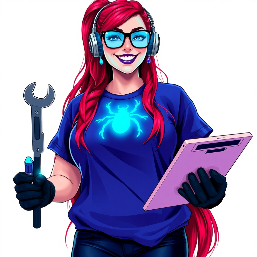 An intelligent and tech-savvy 29-year-old computer hacker and tech genius. She has a long ruby red ponytail. She wears maximum blue lipstick, blue eyes, a sapphire beetle gemstone necklace, sapphire earrings, black eyeglasses, hi-tech power gloves, and an oversized maximum blue t-shirt featuring a neon blue glowing beetle chest icon. She has a full-figured, well-rounded physique with a large prominent midsection, reflecting her well-cared-for lifestyle. She sports a sapphire headset with a hi-tech maximum turquoise lensed HUD, and a beaming smile accentuated by a passionate neon red blush. She serves as his tech expert from his hideout, hold a futuristic tool wrench and a futuristic digital tablet. The background is solid white. She is drawn as if she was in a retro 2D cyberpunk fighting game.