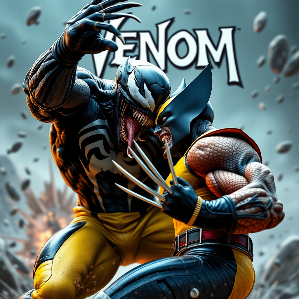 On a comic book cover is Venom Vs Wolverine in Cinematic Real3d photo-realistic quality.