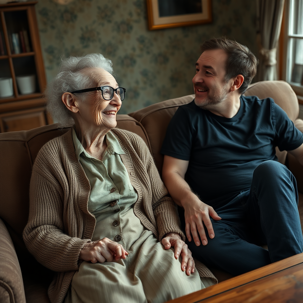 In a scene viewed from an angle and slightly above: In an old-fashioned English living room, a very frail, small and thin, very old and elderly English lady with an ugly face, kind smile, short, thinning white curly hair, wrinkled face, neck and skin, wearing thin framed glasses, an old cardigan, blouse and long skirt is sitting on a sofa with an English man about 40 years old, grey stubble on his chin, brown hair, sitting close next to her on the same sofa, wearing a black T-shirt and dark blue jeans. The man and woman are smiling at each other. The woman is looking at the man's eyes and smiling. The man is looking at the woman's eyes and smiling.