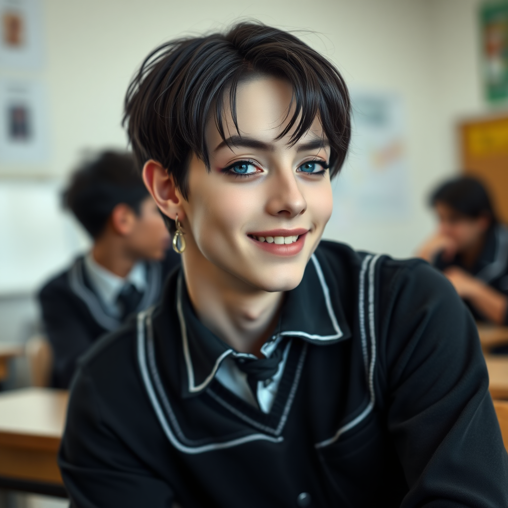 photorealistic, ultra high resolution, 16K, surreal fantasy, soft studio lighting, a pretty 16 year old goth male, slim male physique, short dark hair, blue eyes, goth makeup, earrings, sheer pantyhose, UK girls-school uniform, Mary-Jane shoes, sitting in the classroom, excited smile, facing the camera.