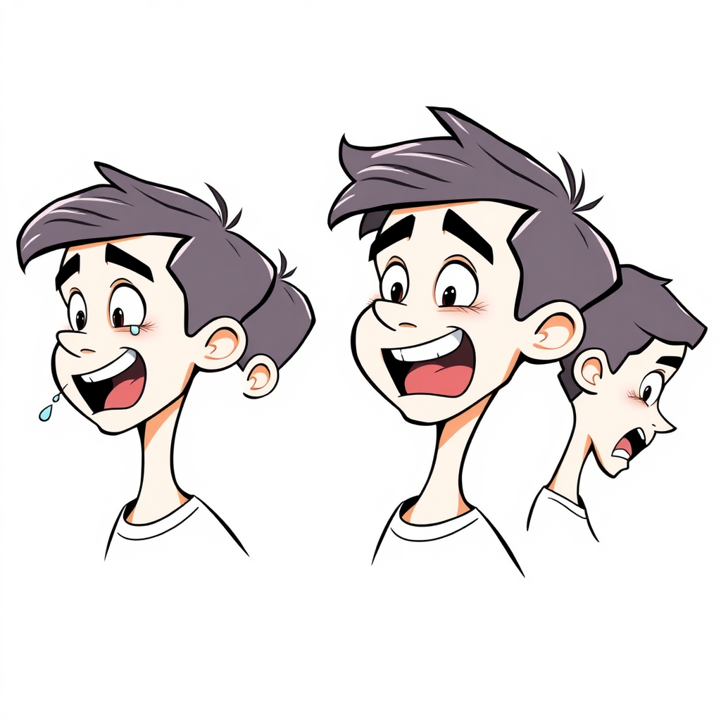 multiple views with progression, character design sheet, short, excited, smiling, amazed, open mouth, sweating, 15 year old european boy, drooling, detailed features, long establishing shot, 2D, caricature, cartoon, Sketch lines, coloring book, coloring book style on white background, well composed, clean coloring book page, No dither, no gradient, strong outline, No fill, No solids, vector illustration, side view, vector illustration, empty space around each view, movement lines