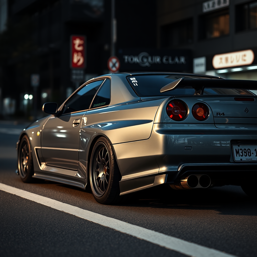 The car is parked on the side of the road, inspired by Taiyō Matsumoto, tumblr, restomod, nd4, c4 metallic shine gray black nissan skyline r34 kalabalik tokyo gece arkaplan en ayrıntılı genel detaylar