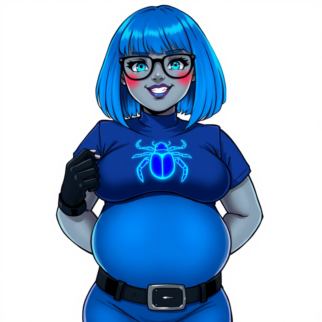 A 28-year-old, full-figured, middle gray metallic-skinned computer program-human hybrid with a maximum blue bob cut. She has a non-athletic build, highlighted by a prominent, round, large midsection (with a focus on her belly). As a digital sidekick, computer hacker, and nerdy girlfriend to her cyberpunk vigilante boyfriend, her middle gray metallic skin and maximum blue lipstick emphasize her digital nature. She wears a tight-fitting, maximum blue t-shirt with a neon blue beetle chest icon, a black belt with a sapphire scarab buckle, and black gloves. Her bright blue eyes, black eyeglasses, and lovestruck smile with neon red blush accentuate her nerdiness. She stands bashfully with her hands behind her back, her bodysuit covering all her skin and emphasizing her full-figured, non-athletic physique. She is on a solid white background. She is drawn as if she was in a retro 2D cyberpunk fighting game. She is clearly non-athletic, with emphasis on her full-figured and pudgy physique. Ensure her shirt covers her midsection (especially her large).