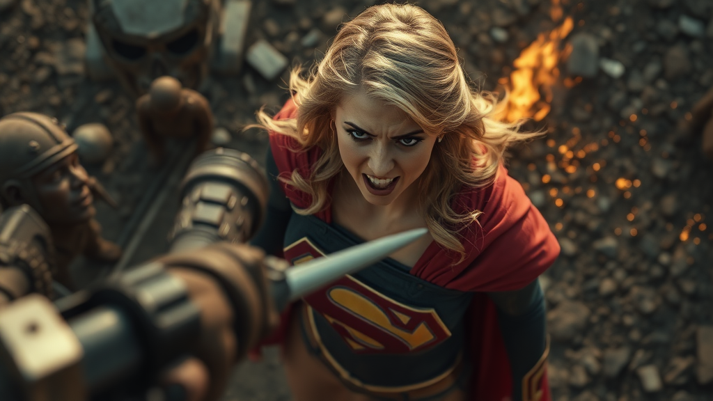 A snapshot from above Supergirl, Zack Snyder's, she's angry against the enemy in front of her, realistic, trailer movie, cinematic, so real.