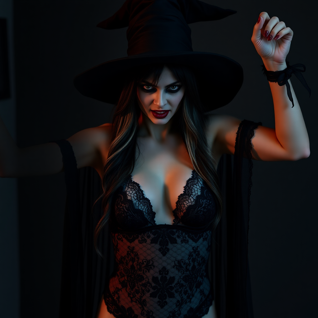 imagine: An scary witch with a beautifully sinister face both arms up menacingly at the viewer intensely with one arm up high in the air. She's wearing a enticing lace undies loose fitting and hinting at dark secrets beneath. Cosplayed by a Romanian dancer.