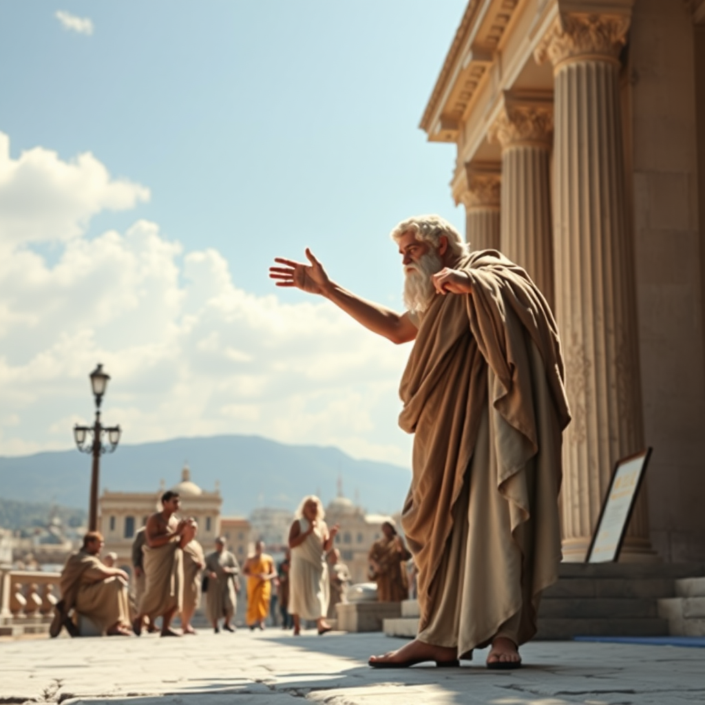 create a picture of Socrates debating on ancient Athens street