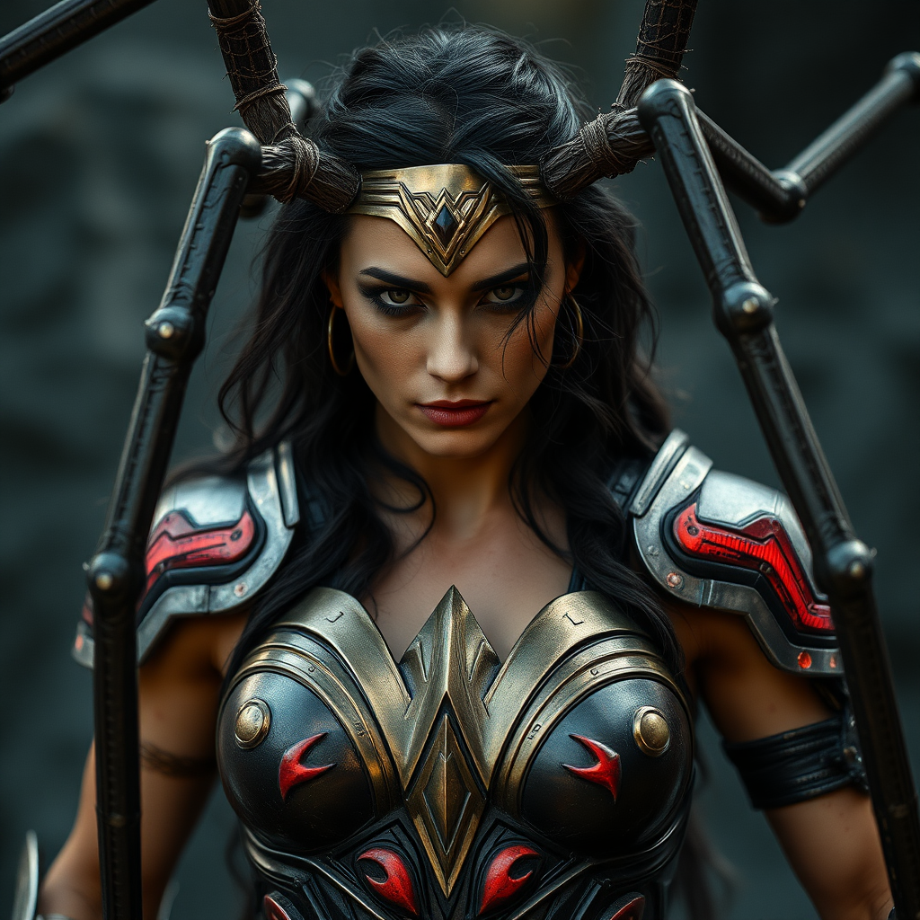 The Spider Spirit in mythology wears the armor of Wonder Woman, shot in the style of Nikon D850 DSLR camera with a wide-angle lens capturing detailed textures on skin and, style raw