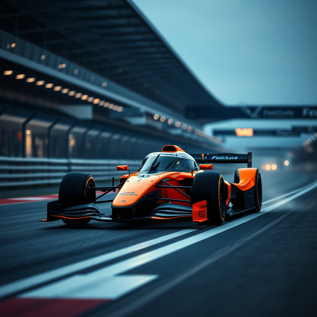 f1 mclaren car aesthetic cinematic photo in a race track