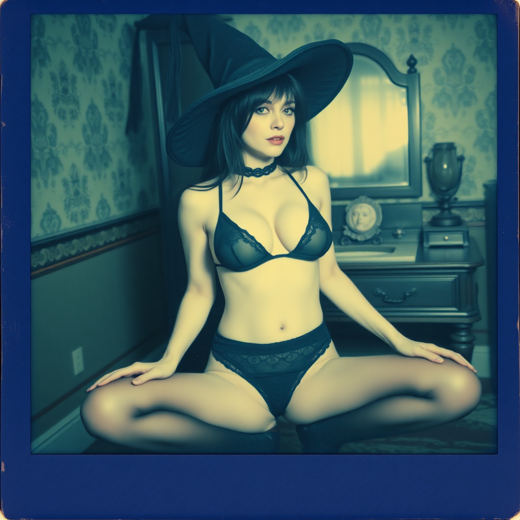 scan of an old polaroid photo with heavy dark vignetting and a blue color tint to the photograph and visible light leaks. The photo depicts a sexy alt goth woman with pale skin and black hair. She has large breasts with ample cleavage and is wearing a tiny revealing bikini bra with triangle shaped cups. She is wearing a witch hat. The image looks hazy and grungy. She is in an old house with wallpaper on the walls. Dark lighting with camera flash used. Candid. she is wearing a tiny revealing lace thong and thigh high stockings. She is sitting on a builtin vanity with a mirror with her knees spread apart. She is wearing black high heels. She has skin texture and visible pores and imperfections.