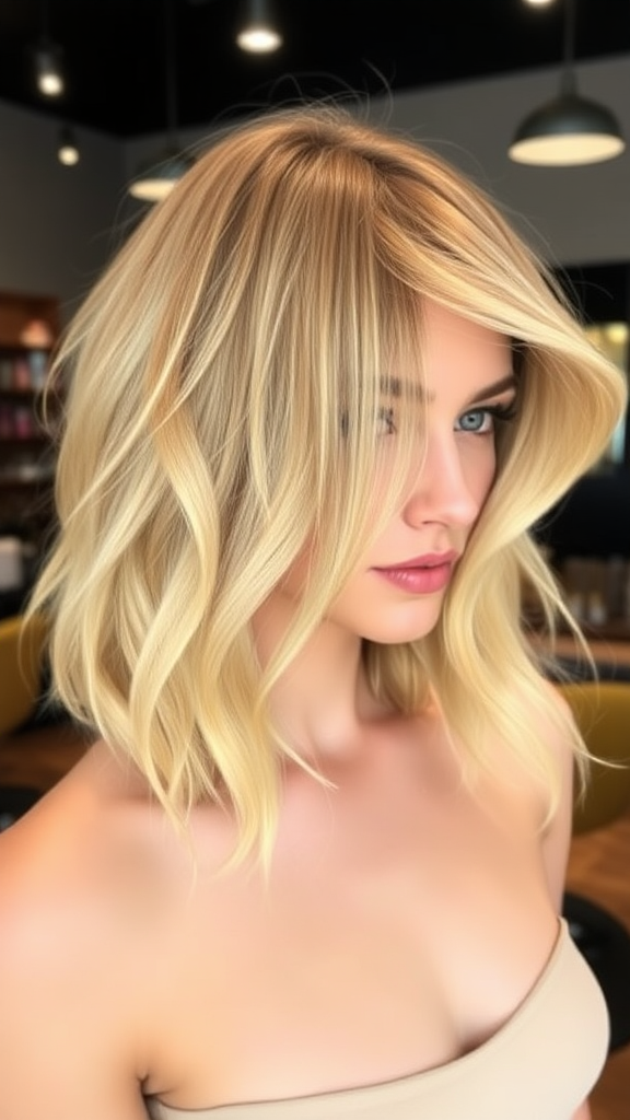 Beautiful model with wavy asymmetric bob hair in blonde, in high definition, against the background of a hair salon.