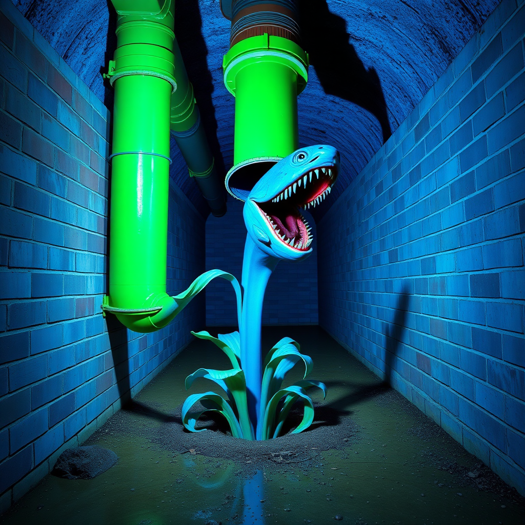 Interior. Underground scene with brick walls and floor. Blue tinted lighting. A large green drain pipe sticks out of the ground. From the pipe opening comes a blue piranha plant imagined as a 1980s movie monster.