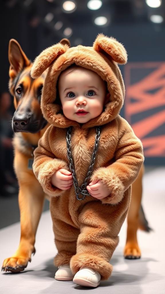 A cute small chubby fair baby with big eyes, pink lips, and pink cheeks, wearing a furry cozy dog costume, doing a ramp walk in a fashion show, walking alongside a real German Shepherd dog, with the baby holding the dog's collar chain, cinematic.