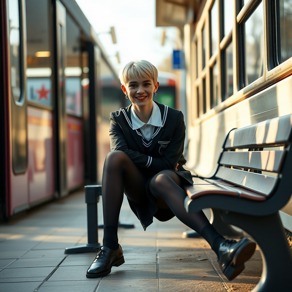 photorealistic, ultra high resolution, 16K, surreal fantasy, soft studio lighting, a pretty 18 year old goth male, slim male physique, short blonde hair, goth makeup, earrings, shiny black pantyhose, UK girls-school uniform, Mary-Jane shoes, sitting on a bench waiting for the school bus, in daylight, excited smile, facing the camera.