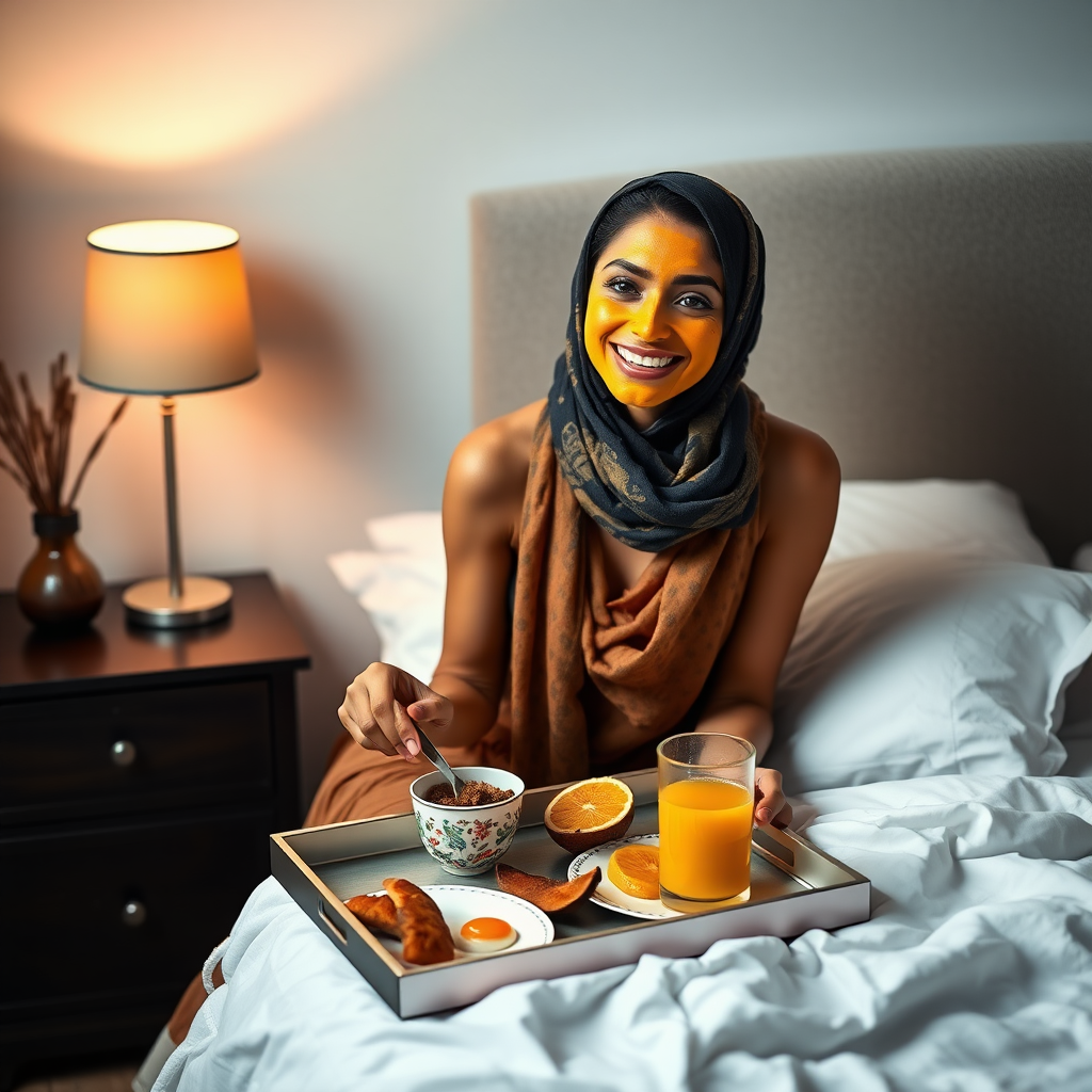 slim, 30 year old, sexy, indian wife, scarf head, turmeric face mask. She is smiling and serving breakfast on a tray on bedside table