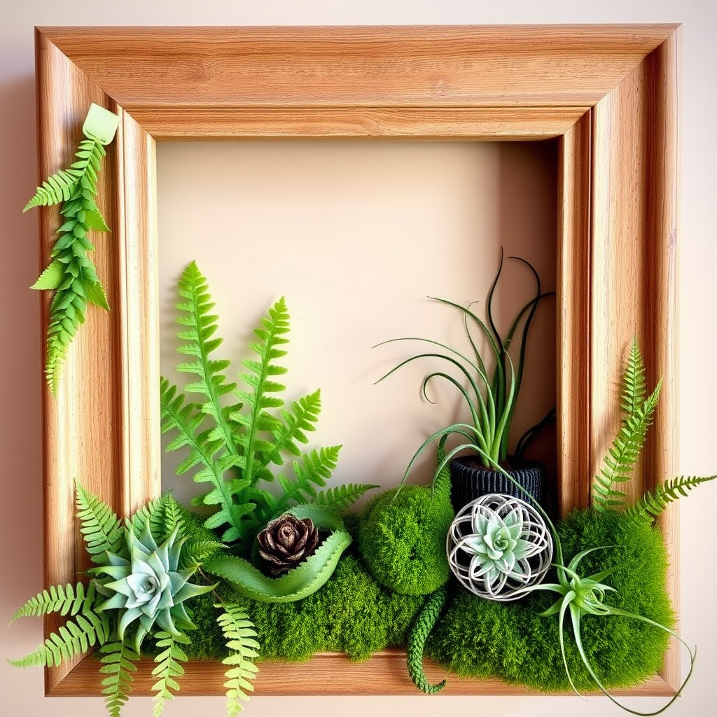 A picture frame is filled with ferns, flat moss, and air plants.