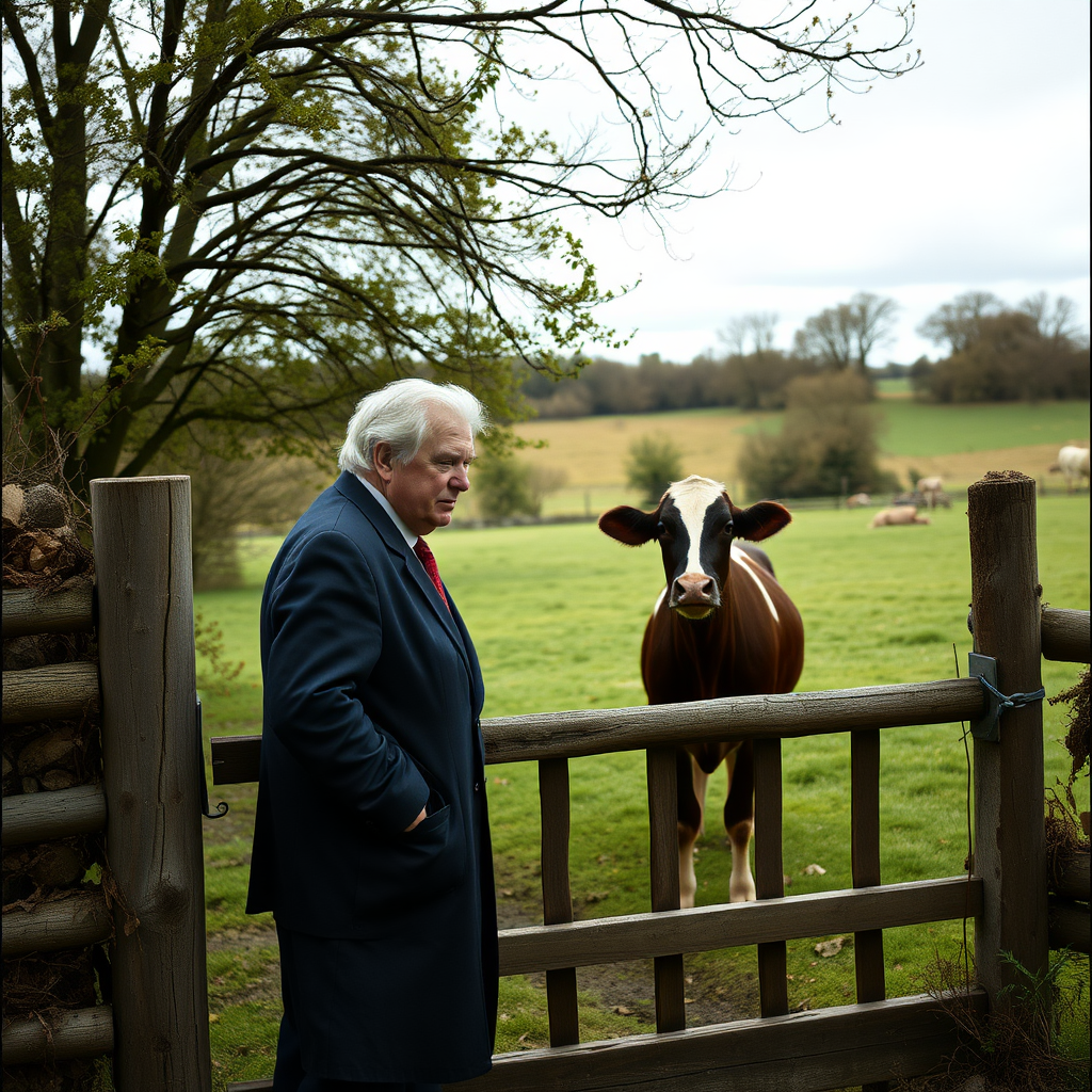 Vaughan Williams looking over a gate at a cow