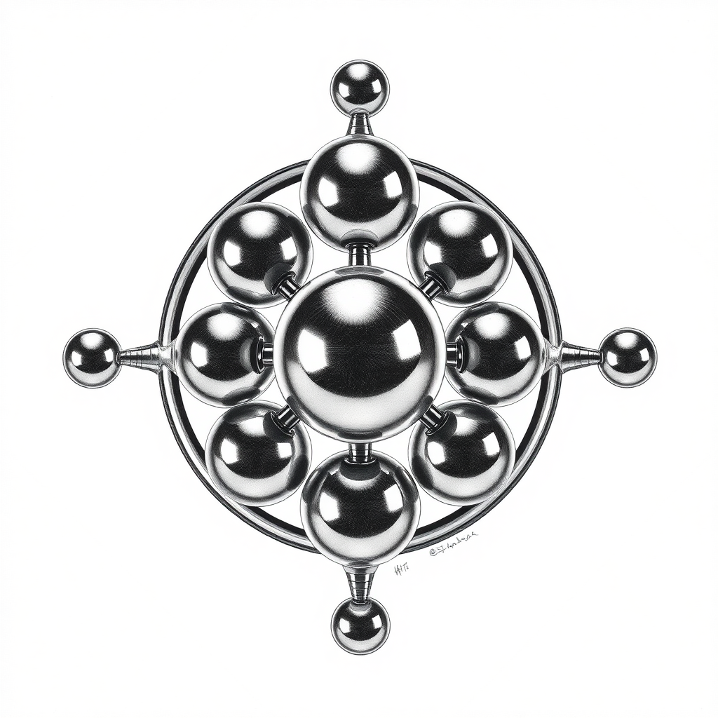 Five connected spheres of mercury in a ring in between two other spheres, spinning top, fidget spinner, toy, small spheres, isometric, side view, symmetric, pencil drawing, impossible, black and white, atomium, Escher, reflective, raytracing, seven