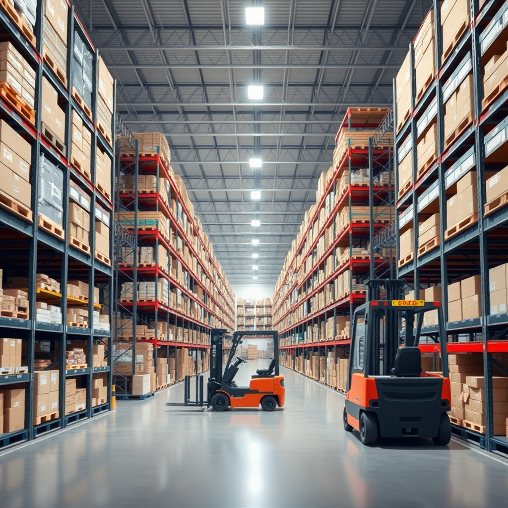 Create a high-resolution stock photo of a modern warehouse interior. The scene should include tall shelves filled with various boxes and products, a spacious layout with clear pathways, and bright overhead lighting. Include a forklift without an operator and partially open gate. The overall atmosphere should convey efficiency and organization, with a clean and professional look. No text, no humans.