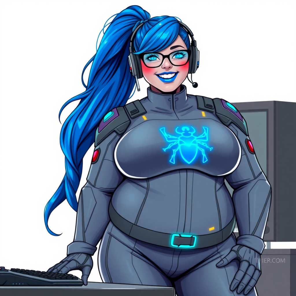 A nerdy, full-figured middle gray-skinned 29-year-old computer program hybrid with a long, maximum blue ponytail. She wears maximum blue lipstick and has bright blue eyes. Her outfit includes a digital, computerized, middle gray biker suit featuring a neon blue glowing beetle chest icon. She sports a sapphire headset and black eyeglasses, with a beaming smile and neon red blush. Her full figure reflects the doting care of her vigilante boyfriend. As his tech expert, she works diligently at her lab table in their hideout. The background is solid white. She has a prominent, gargantuan, round midsection, titanic limbs, and broad shoulders. Her middle gray metallic skin highlights her digital nature. She is drawn as if she was in a retro 2D cyberpunk fighting game.