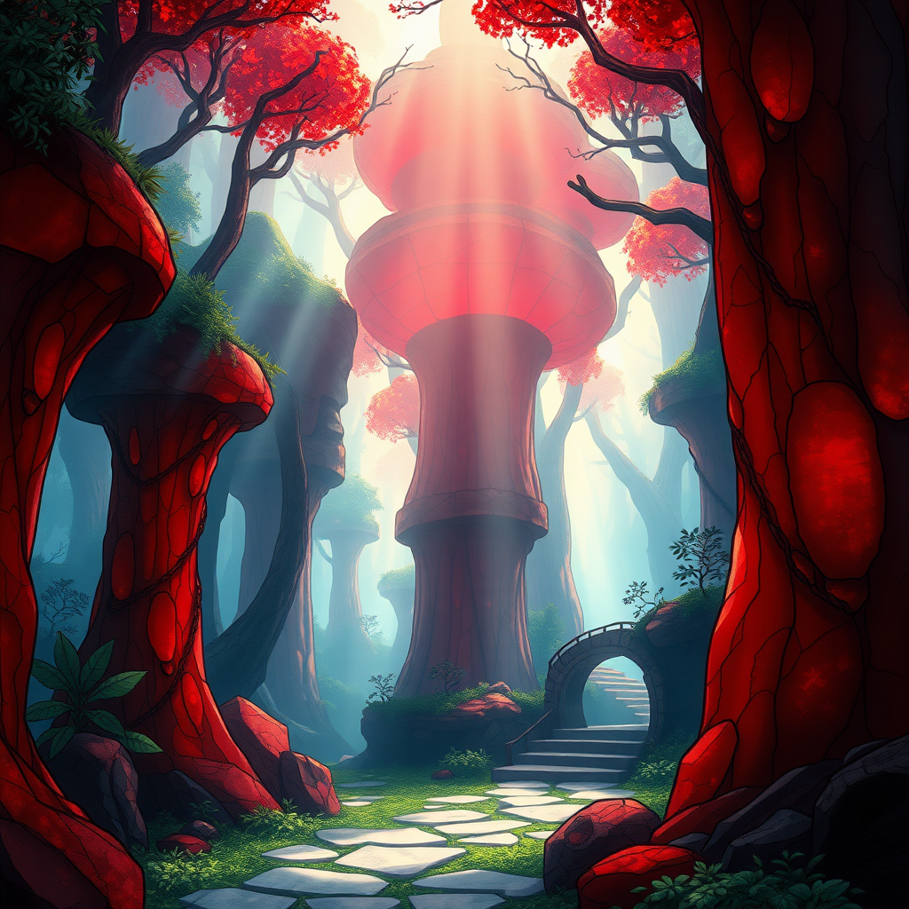 a stained glass fantasy red stone forest, , Ghibli art style, Spirited Away art style, (glow, god rays, ethereal, dreamy, heavenly, otherworldly, dream-like, breathtaking, captivating, divine)