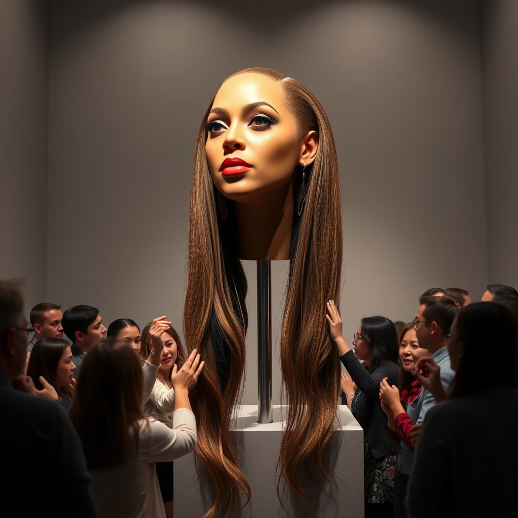 In an innovative art space, an interactive exhibit showcases a mesmerizing magic trick featuring a stunningly realistic, disembodied head of Beyoncé, adorned with luxuriously long, flowing hair that cascades down the stand like a shimmering waterfall of ebony silk. The exhibit is bathed in soft, warm lighting that highlights the intricate details of her features—high cheekbones, full lips, and vibrant, expressive eyes that seem to sparkle with life.

Visitors flock to the exhibit, their faces illuminated with curiosity and wonder, as they reach out to gently play with the silky strands, which feel soft and smooth beneath their fingers. The air buzzes with excitement as whispered conversations fill the gallery, punctuated by the occasional gasp of surprise as each visitor experiences the sensation of touching the hair—a surreal blend of fantasy and reality.

The plain gray backdrop serves to accentuate the ethereal quality of the display, drawing the eye solely to the captivating spectacle of Beyoncé's head, as if she is caught in a magical moment between worlds. The overall atmosphere is one of playful enchantment, as guests become part of the performance, interacting with the hair that seems to embody both elegance and whimsy, transforming the experience into a collective celebration of beauty and artistry.