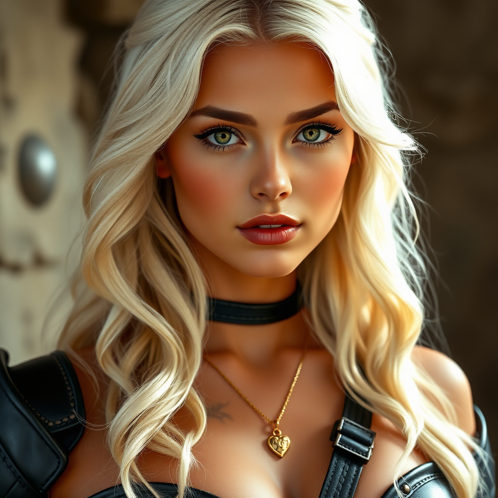 Portrait of a beautiful young woman with long wavy platinum blonde hair, green eyes, a suntan, large breasts, and light brown eyebrows. She is wearing black leather armor and a gold necklace with a small heart pendant.