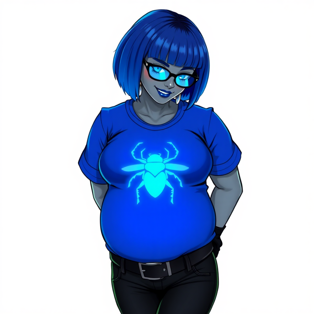 A 28-year-old, full-figured, metallic middle gray skinned cyberpunk computer program hybrid with a short maximum blue bob cut. She has a non-athletic build, highlighted by a prominent, round midsection (with a focus on her round belly). As a digital sidekick to her cyberpunk vigilante boyfriend, her middle gray metallic skin and maximum blue lipstick emphasize her digital nature. She wears a digital, computerized, huge, tight-fitting, maximum blue t-shirt (accentuating her belly) with a neon blue glowing chest icon of a beetle, black pants, a black belt with a neon blue glowing beetle buckle, and black gloves. Her bright blue eyes, black eyeglasses with lenses glowing bright neon blue, and shy smile with neon red blush accentuate her nerdiness. She bashfully bows her head (while still facing the screen) with her hands behind her back, her t-shirt covers her midsection (especially her belly) and emphasizing her full-figured, non-athletic physique. She is on a solid white background. She is drawn as if she was in a retro 2D cyberpunk fighting game. She is clearly non-athletic, with a focus on her full figure. Make sure her outfit covers all of her bare skin (especially her midsection).